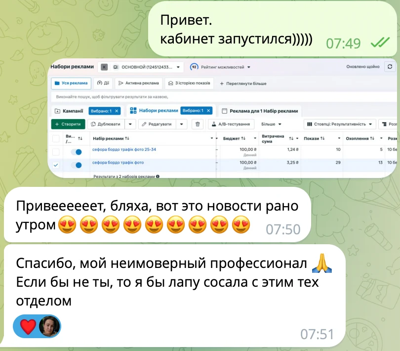 Повідомлення клієнта про допомогу з рекламним кабінетом